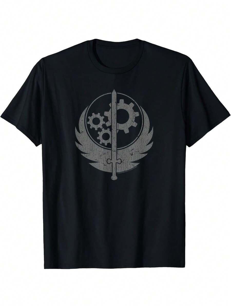 Camiseta de Juego para Hombre Fallout Brotherhood of Steel |   Camiseta negra suave con el icónico logo de las alas de armadura de poder, ropa de videojuegos post-apocalíptica, corte relajado, cuello redondo, mangas cortas, estampado por transferencia térmica. Una camiseta de manga corta adecuada para el hogar, uso diario, fiestas y viajes-perfecta como regalo para amigos o familiares. - Negro - Ver 1