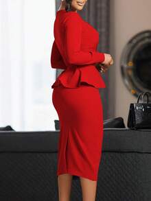 New Women's Plus Size Dress Autumn Winter Long Sleeve Ruffles Elegant OL Style - 紅色 - 查看 2