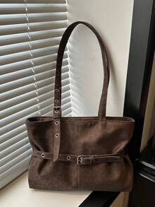 1pc Vintage Large Capacity Tote Bag, Commuter Oversized Underarm Bag, Fashion Motorcycle Bag, PU Solid Color Oiled Wax Leather, Strap Decor, Zipper Closure, Women's Shoulder Bag For Work/School/Travel/Shopping/Business, Suitable For Daily Use - Coffee - View 8