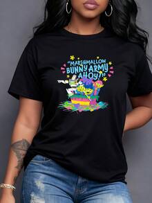Diversión colorida con conejos y personajes alegres que celebran la amistad y la aventura en un barco fantástico camiseta para mujer casual y moderna de gran comodidad - Negro - Ver 1