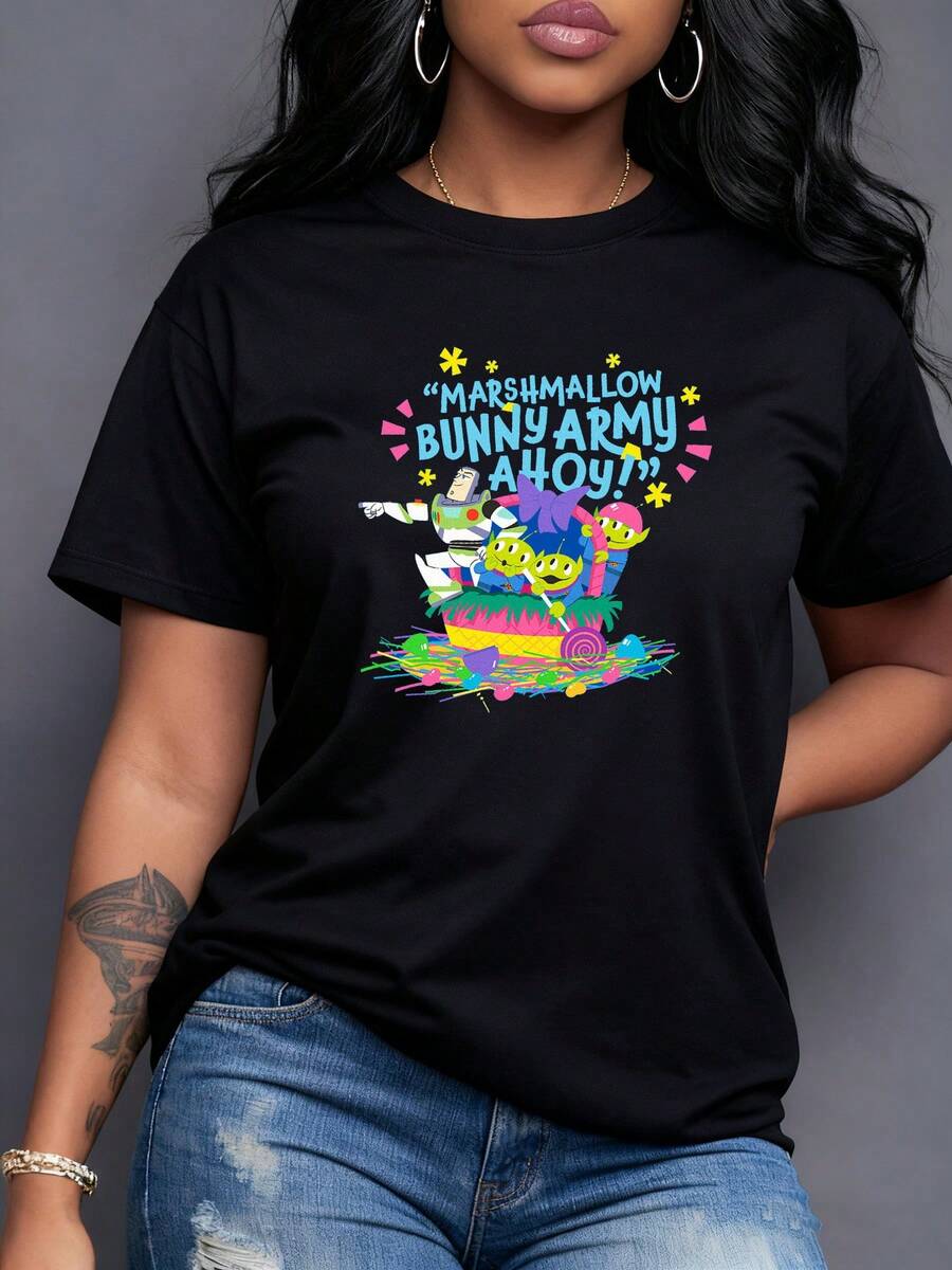Diversión colorida con conejos y personajes alegres que celebran la amistad y la aventura en un barco fantástico camiseta para mujer casual y moderna de gran comodidad - Negro - Ver 1