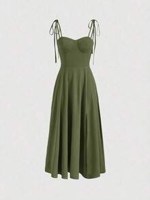 Vestido de tirantes unicolor de muslo con abertura - Verde militar - Ver 5