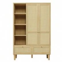 Wardrobe With 2 Doors And Rattan Weave, Country Style Oak Look, Open Shelf, Shelves, Clothes Rail, 2 Drawers, Anti-Tip Device, 180x120x50 Cm (H/W/D) - Oak - 查看 1