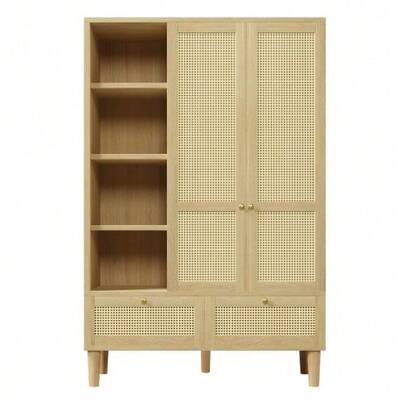 Wardrobe With 2 Doors And Rattan Weave, Country Style Oak Look, Open Shelf, Shelves, Clothes Rail, 2 Drawers, Anti-Tip Device, 180x120x50 Cm (H/W/D)