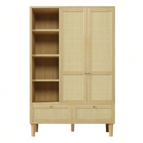 Wardrobe With 2 Doors And Rattan Weave, Country Style Oak Look, Open Shelf, Shelves, Clothes Rail, 2 Drawers, Anti-Tip Device, 180x120x50 Cm (H/W/D) - Oak - 查看 1