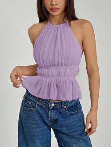 Top de tirantes sin espalda con cuello de halter y cintura anudada plisada para mujer - Morado - Ver 7
