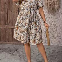 Vestido de mujer de talla grande con cuello en V y manga corta, con estampado floral, adecuado para vacaciones de verano - Azul - Ver 6