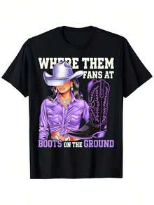 Camiseta Divertida de Baile Western - Camiseta Casual 100% Algodón con Gráfico "Where They Fans At Boots on the Ground", Diseño de Botas y Sombrero de Vaquero - Regalo de Halloween, Acción de Gracias, Navidad para Hombres, Mujeres, Familiares y Amigos - Negro - Ver 2