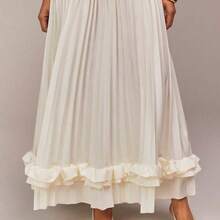 Sleeveless Square Neck Design, Knit Elastic Fabric Patchwork, Pleated Design, Ruffle Trim Detail, Extra Long Women's Dress, Suitable For Parties, Gatherings, Weddings, Spring Festival, Valentine's Day, Dates, Apricot Color, Summer Dress, Wedding Guest Dress, Romantic Dress - Albaricoque - Ver 5