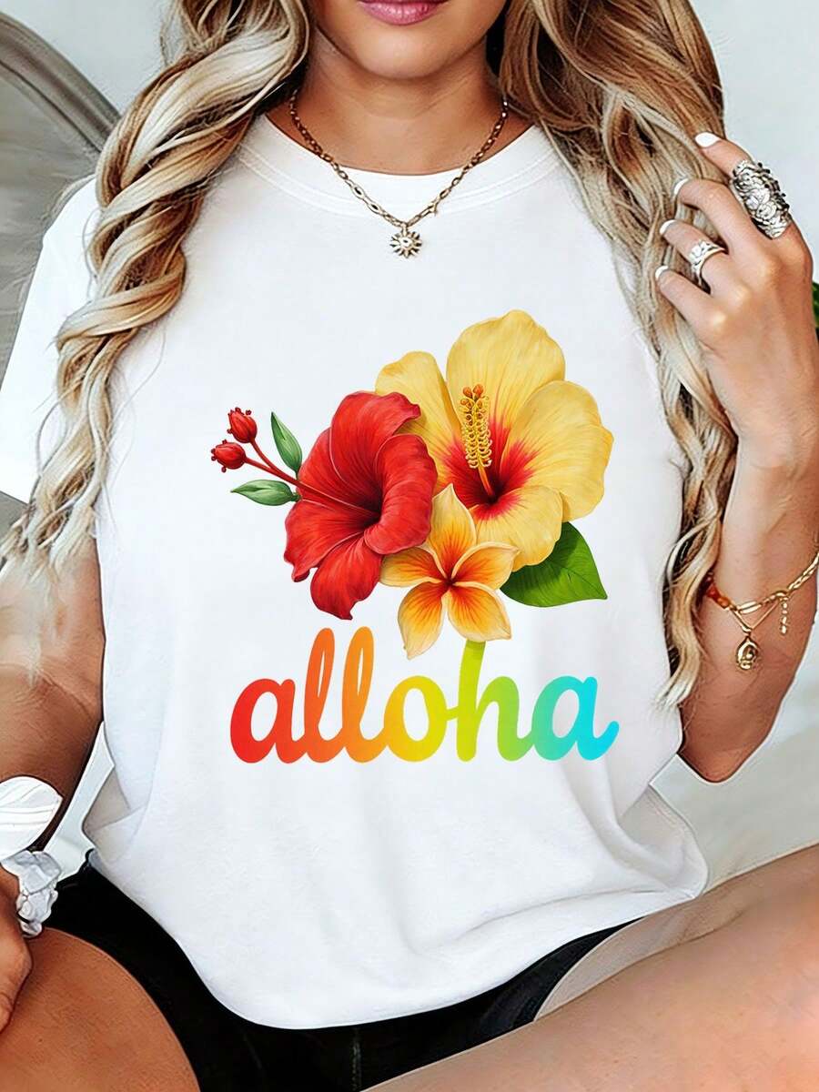 Camiseta de mujer con flor de hibisco hawaiano - Top Aloha de manga corta con estampado tropical y letras de arcoíris, camiseta suave y transpirable adecu para vacaciones en llaya, atuendos para fiestas hawaianas, ropa casual de verano, regalo para novia