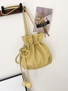 New Solid Color Drawstring Bucket Bag, Casual Cute Mini Shoulder Crossbody Bag - Yellow - View 7