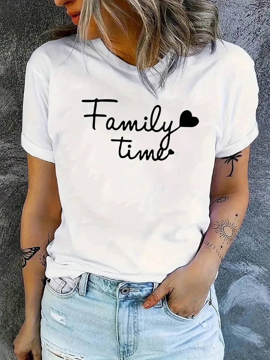 Women's Short Sleeve Sports T-Shirt - Cozy Family Time, "Family Time" Print Adorned With Hearts. Printed Design, Machine Washable, Comfortable Casual Crew Neck T-Shirt, Premium Quality, Suitable For All Seasons, Multi-Color Options, Perfect For Family Gatherings - 白色 - 查看 1
