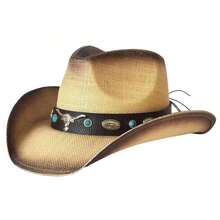 1Pc Vintage Distressed Straw Cowboy Hat, Western-Style Wide-Brimmed Hat With Bull's Head And Turquoise Rivet Embellishments, Classic Western-Style Panama Hat, Suitable For Outdoor Sun Protection, Parties, And Outdoor Sports. - 黑色 - 查看 2