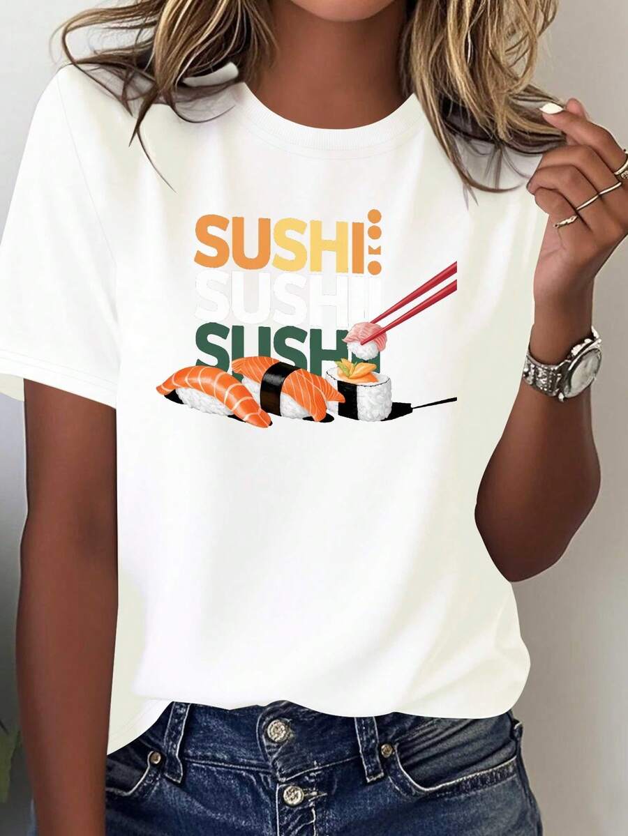 Camiseta de Mujer con Estampado Japonés Sushi - 100% uste Cómodo Casual, Diseño Inspir en Anime y Comida Japonesa, Lavable a Manchara Todas las Tempors. I Para Amantes del Arte Gastronómico Nipón e Fans Del Ánimes. ¡Azuibrante Con Gráficos Temáticas De Rollos Y Makí!