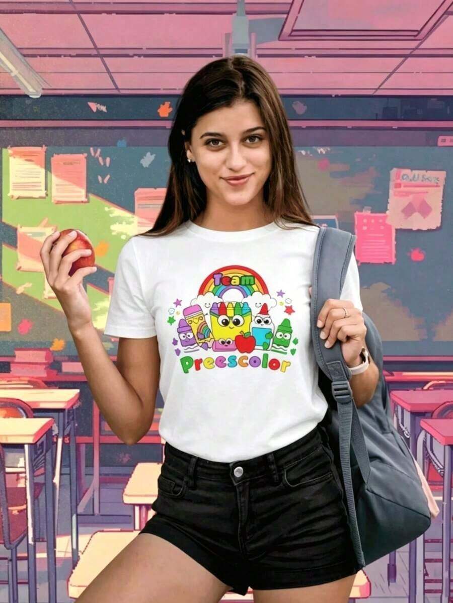 Playera Casual para Dama, Equipo Maestras Preescolar, 100% Algodón, Resistente - Blanco - Ver 1
