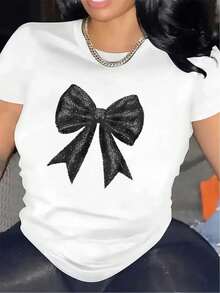 Camiseta de Manga Corta con Lazo Brillante |     Top Cómodo y Elegante para Mujer, Tejido Ligero y Duradero, Perfecto para Uso Diario y Ocasiones Especiales, Cuello Redondo, Elasticidad Media - [Blanco] - Ver 11