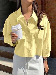Camisa de manga larga holgada con bolsillo y parche, de unicolor, versátil para uso diario y casual, para primavera/otoño - amarillo ganso - Ver 5
