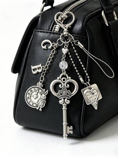 Retro Silver Alice Magic Key Charm With Rabbit Clock & Letter B Pendant Y2K Style Bag Ornament For Students