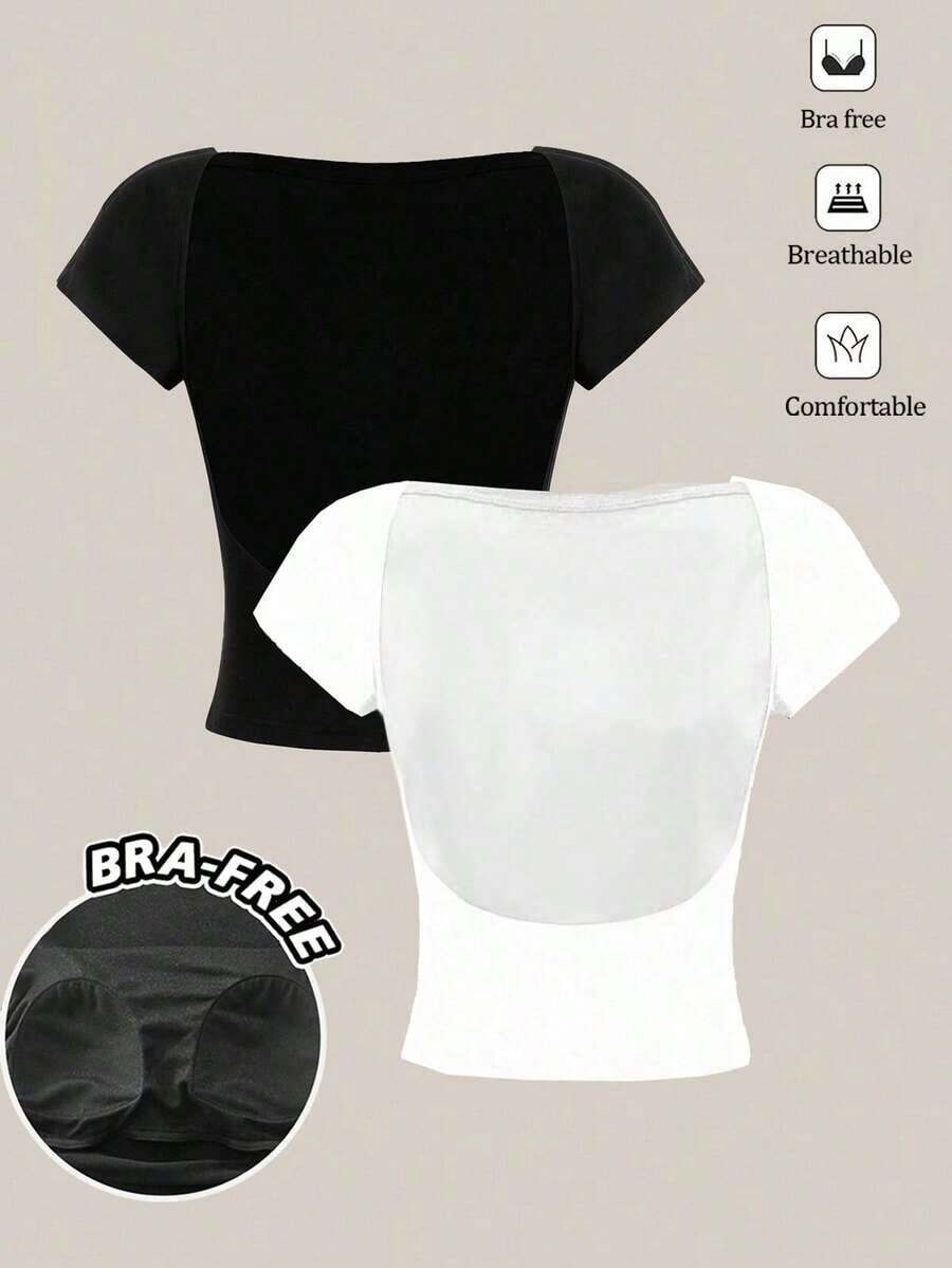 Set de 2 camisetas de mujer sin sujetador de cuello redondo y espalda descubierta, de manga corta, en negro y blanco.Camisetas casuales, minimalistas, vintage y elegantes, versátiles para ir al trabajo, la playa, de vacaciones, en verano - Negro - Ver 1
