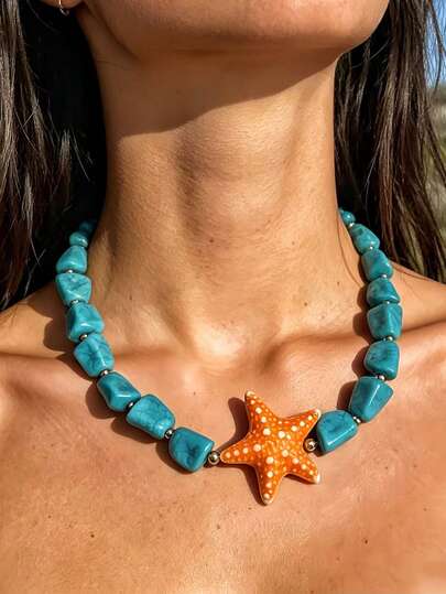 1pc Bohemian Style Elegant Ocean Themed Irregular Beaded Necklace With Seashell, Starfish And Faux Pearl Decor, Suitable For Women's Beach Party, Evening Gathering, Vacation And Other Occasions