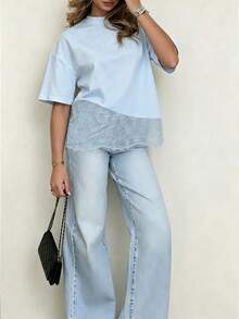 Spring New Solid Color Knit Fabric Lace Patchwork Short Sleeve T-Shirt, Casual, Sports, Office Wear For Spring/Summer - Clear Blue - View 8