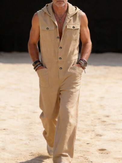 Men's Casual Loose Hooded Jumpsuit With Multiple Pockets, Suitable For Various Occasions In Summer