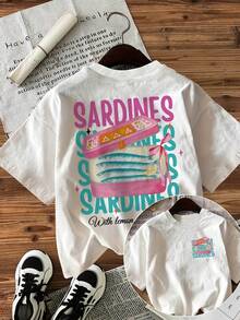 Top Casual de Primavera/Verano para Mujer, Estilo Fresco, Estampado de Sardinas, Limones y Aceite de Oliva, Camiseta Corta de Moda con Cuello Redondo - Albaricoque - Ver 7