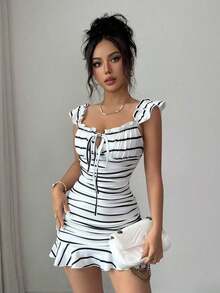 Vestido con volantes en el bajo y hombros descubiertos con estampado de lunares vintage, elegante y sexy vestido de verano con estampado floral pequeño y espalda descubierta al estilo francés - Blanco y Negro 2 - Ver 8
