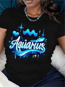 Camiseta unisex con gráfico del zodíaco Acuario, diseño de constelación de estrellas y corazón azul brillante con símbolo de Acuario, camiseta casual de manga corta y cuello redondo para atuendo informal, regalo de cumpleaños para personas nacidas bajo el signo Acuario. - Negro - Ver 1