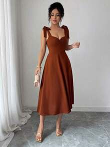 elegante y romántico para mujer con lazo decorativo en la cintura y corte evasé sin mangas - Cafetería - Ver 4