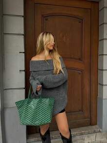 Off Shoulder Oversized Knit Sweater, Fall Winter Casual Long Sleeve Loose Fit Slouchy Pullover Women Daily Basic Knitwear Tops - Dark Grey - View 4