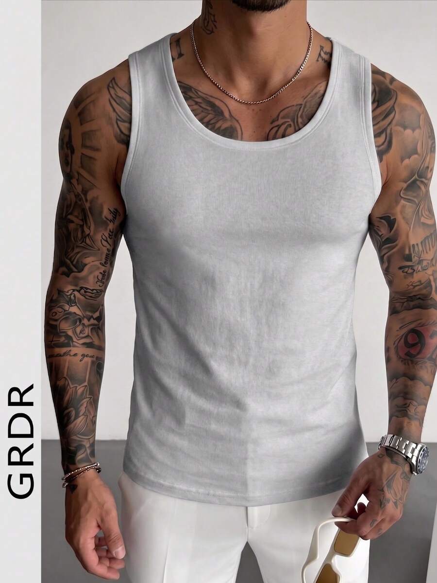 GRDR Camiseta de tirantes de verano para hombre de unicolor y ajuste ceñido, versátil para deportes y uso casual - Gris Claro - Ver 1