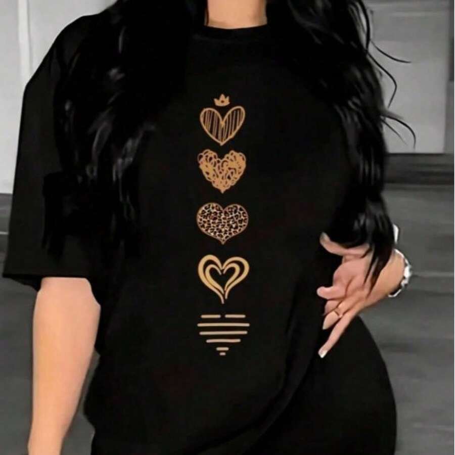 1 pcs"Playera Negra para Mujer con Estampado de Corazones Dorados – Casual, Moderna, Estilo Urbano y Romántico"180g 100% Cotton - Negro - Ver 1