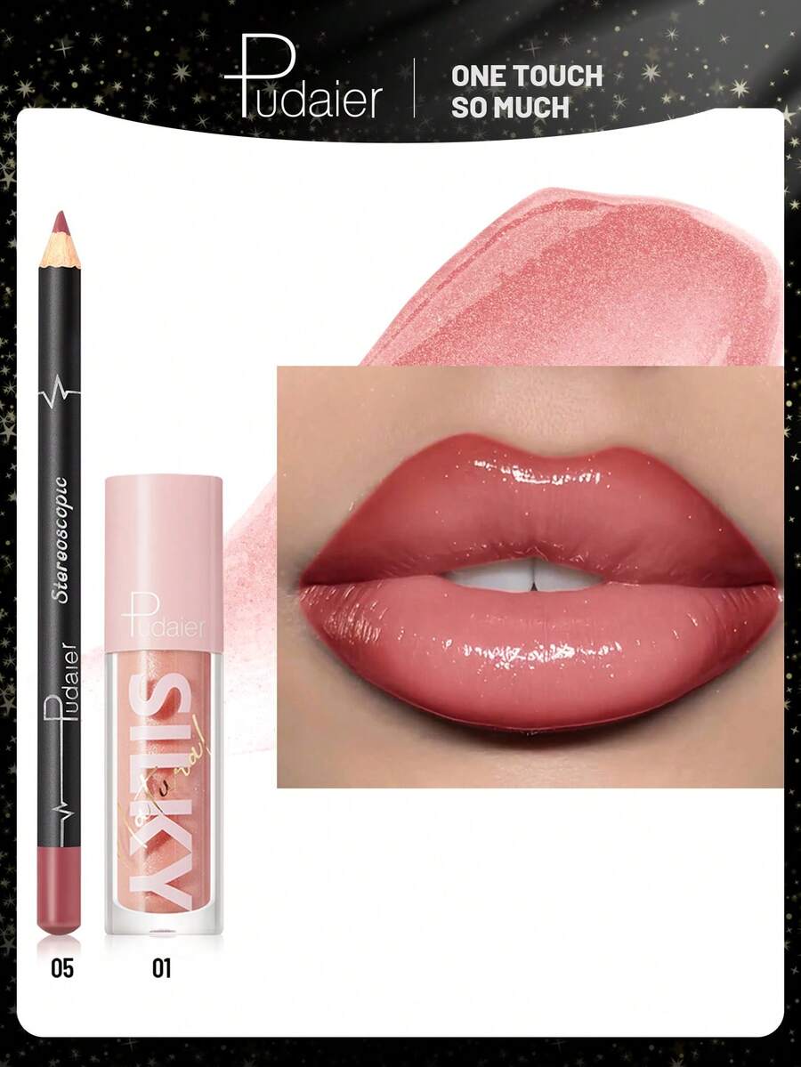 Pudaier 2-In-1 Lip Set: Nourishing Lip Liner Pencil And Lip Gloss | Waterproof & Long-Lasting, Defines Lip Shape, Universal Shades | Ideal Valentine's Day Gift - 05+01 - 查看 1