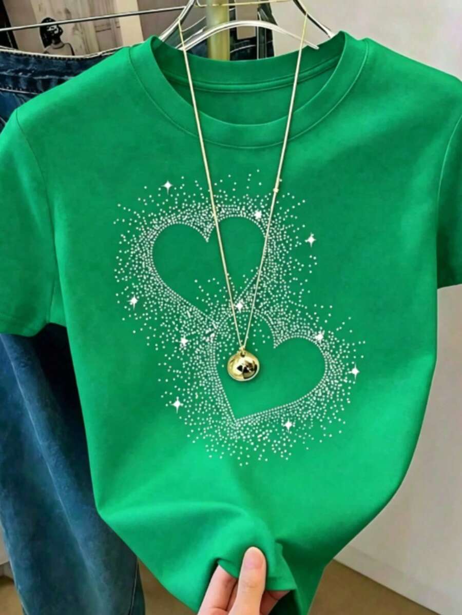 Women's T-Shirt, Y2K Style, Fashionable, New For 2026, Cute And Casual. Women's Black Short-Sleeved Casual T-Shirt With Sequined Heart Design, Round Neck, Regular Fit, 180g (Sizes S-XXXL). - 綠色 - 查看 1