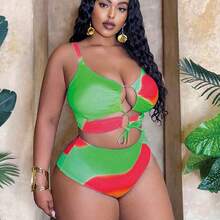 Slayr CURVE Plus Size Women 3pcs Swimsuit Set - Gradient Random Print Tie Front Hollow Top, Paired With Triangle Bottoms & Drawstring Beach Skirt, & Sexy For Beach Holiday For Summer Beach Vacation - Rosa - Ver 6