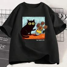 Camiseta para Mujer con Estampado de Gato Artístico, Cuello Redondo, Manga Corta, Diseño Streetwear Casual, Ideal para Verano - Negro - Ver 9