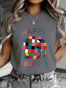 Día del Libro Alegre, Elefante de Bloques Coloridos, Resaltado sobre un Fondo Negro, Lleno de Diversión, Sudadera con Estampado Direccional para Primavera y Verano, Top Casual de Cuello Redondo, Camiseta de Manga Corta, Top Cómodo para Mujer 10244 - Negro - Ver 7