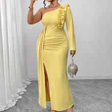 Vestido largo de fiesta amarillo, hombro al descubierto único, volantes y abertura alta - Amarillo - Ver 5