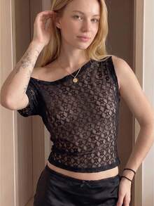 Women Sheer Off Shoulder Tops Slim Fit Flower Pattern Sleeveless Crop Shirts For Summer Going Out Party Club - Black - View 6