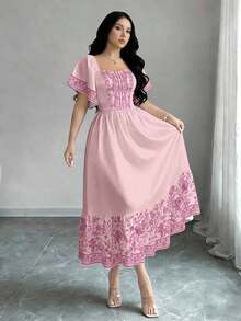 Vestido de manga corta con cuello cuadrado y estampado floral, vestido de longitud media con cintura ceñida, vestido marrón con estampado floral - Multicolor 3 - Ver 3
