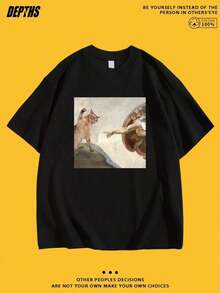 1 pieza, Nueva Colección Verano 2026, Estilos Unisex, Camiseta de Cuello Redondo con Patrón Creativo y Divertido de Dibujos Animados, Algodón Puro, Moda de Verano, Manga Corta, Estilo Casual para Salidas Diarias, Tallas: S–7XL |     Se envía en 24 horas. 180g 100% algodón suave. - Negro - Ver 1