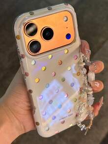 Ins風美學鍍金彩色波點手機殼，適用於 Apple 17 Pro Max、16 新機、15 Pro Max、17、17 Pro、16 Pro、18 Pro Max，附掛繩，防摔保護套，小眾風格 - 白色 - 查看 1