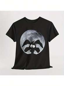 Camiseta unisex vintage nueva 2026, camiseta negra de corte holgado, con estampado de murciélago y luna para Halloween, ropa casual de otoño para fiestas para hombres y mujeres, blusas de fiesta y discoteca para mujeres, tops, adecuadas para fiestas y uso diario, perfectas para vacaciones y tiempo libre, ideales para fiestas y vacaciones familiares. - Negro - Ver 1