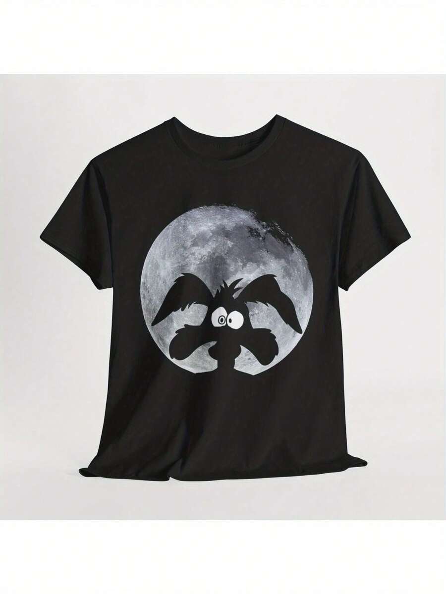 Camiseta unisex vintage nueva 2026, camiseta negra de corte holgado, con estampado de murciélago y luna para Halloween, ropa casual de otoño para fiestas para hombres y mujeres, blusas de fiesta y discoteca para mujeres, tops, adecuadas para fiestas y uso diario, perfectas para vacaciones y tiempo libre, ideales para fiestas y vacaciones familiares. - Negro - Ver 1