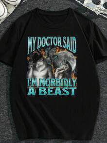 Camiseta para hombre con estampado divertido de lobo "El doctor dijo que soy patológicamente como una bestia", corte holgado, cuello redondo, manga corta, informal, adecuada para fiestas y uso diario, perfecta para vacaciones y tiempo de juego, ideal para fiestas y vacaciones en familia. - Negro - Ver 7