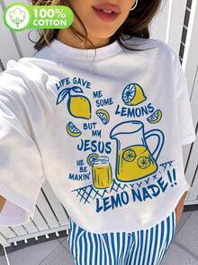 1 Piece Of Women's Pure Cotton Round Neck T-Shirt; Lemonade Design Print; Printing Technology/Casual Women's T-Shirt/ Short Sleeve T-Shirt With Jesus And Christianity Print: Life Gives Me Some Lemons, But My Jesus Makes Me Feel Comfortable, 180g 100% Cotton. - 白色 - 查看 1