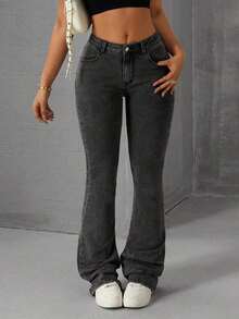 Women's Casual Pocketed Mid-Waist Skinny Flare Jeans - Gris - Ver 5