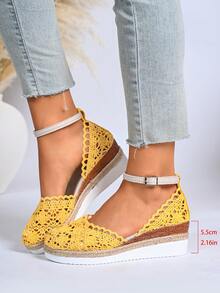 Giày sandal đế xuồng bằng vải lanh mới mùa hè dành cho nữ, sandal đế dày kiểu La Mã đan rỗng với quai điều chỉnh được. - Màu vàng - Xem 7