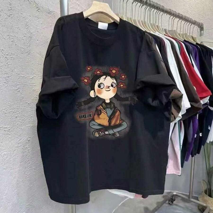 Camiseta de manga corta 100% algodón puro, nuevo estilo de verano, moda europea y americana, única y de nicho, top con estampado de letras estilo Hong Kong. - Negro - Ver 1